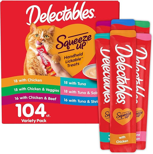 Delectables Squeeze Up Variety Pack, Creamy Squeezable Puree, Lickable Wet Cat Treats, Grain Free, No Added Fillers, No by-Products, No Added Preservatives, 0.5 Ounces Tube, 104 Tubes Total-PawvioPets