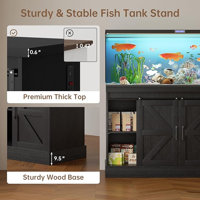 55-75 Gallon Fish Tank Stand with Sliding Barn Doors & Power Outlet, Heavy Duty Aquarium Stand with Cabinet Storage for Fish Tank, Turtle Tank, Reptile Terrarium, 1000LBS Capacity, Black-PawvioPets