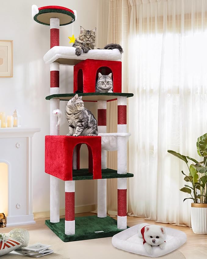 Globlazer Heavy Duty Cat Trees for Large Cats, Sturdy 72in Maine Coon Cat Tree for Large 20 lbs+ Heavy Duty Cat Tower for Adult Biggest Cats with 6 Scratching Posts, Hammock, S72, Red White Green-PawvioPets