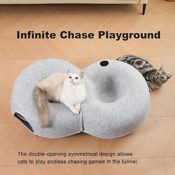 8-Shaped Large Cat Tunnel Bed for Indoor Cats, Infinite Circulation Peekaboo Cat Cave with 12 Toy Balls, Cat Donut Tunnel for Cats up to 30 Pounds (Light Grey, L 38x24x11in)-PawvioPets