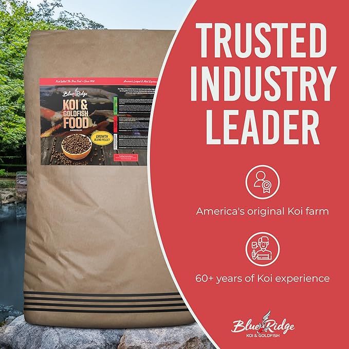 Blue Ridge Koi Fish Food 50lb - Koi Food 3/16” Large and Mini Blend Growth Formula, Goldfish Food, Premium Fish Food for Ponds, Ponds Fish Food, Floating Pond Pellets-PawvioPets