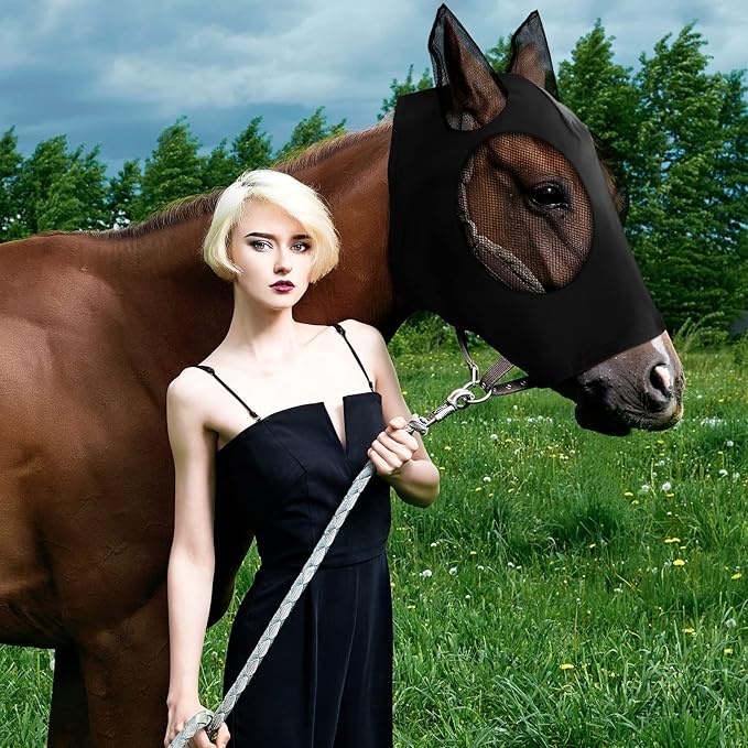 Frienda 4 Pcs Horse Fly Masks with Ears Head Fly Masks for Horses Smooth Elastic UV Protection Cover from Summer Insect Pests(Medium,Black, Gray, Blue, Mint Green)-PawvioPets