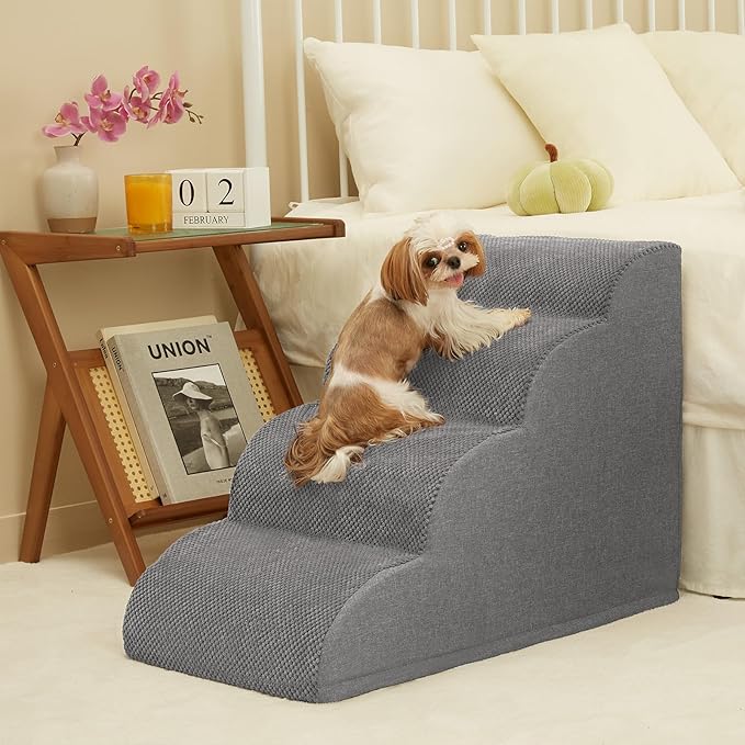 Dog Stairs, Romrol Dog Steps Ramp for High Bed and Couch, Dogs Ramp with Durable Non-Slip Waterproof Fabric Cover, Pet Stairs for Small Dogs and Cats or Pets Joints, 4-Tiers,Grey-PawvioPets