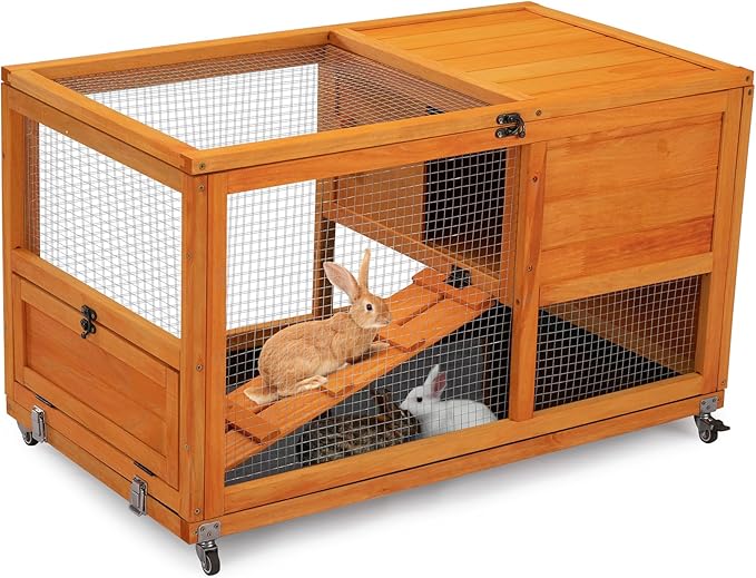 COZIWOW Fashionable Wood 36Inches Rabbit Hutch Indoor with Wheels Bunny Cage Outdoor Fashion Rabbit Cage with Clean Tray, Openable Roof, Anti-Slip Ramp for Small Bunny Rabbit (Orange)-PawvioPets