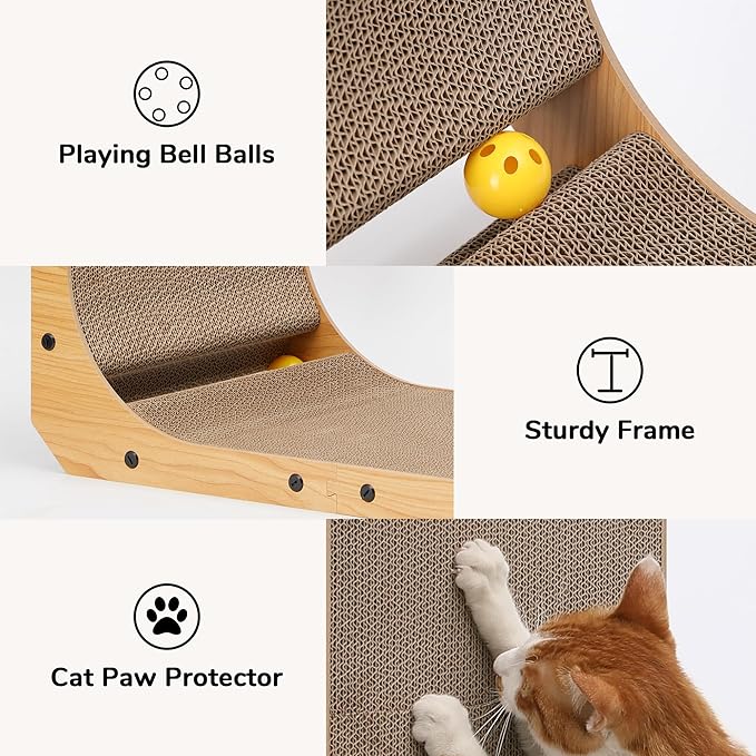FUKUMARU Cat Scratcher, 32.7 Inch L Shape Cat Scratch Pad Wall Mounted, Cat Scratching Cardboard with Ball Toy for Indoor Cats, Extra Large-PawvioPets