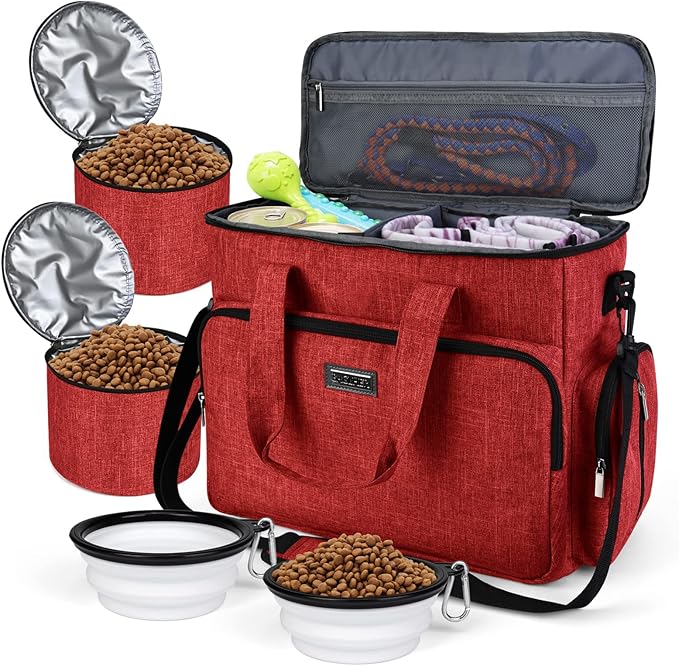 BAGLHER Dog Travel Bag, Pet Travel Bag (ALL Pet Travel Supplies), With 2 Pet Food Containers and 2 Collapsible Silicone Bowls; Essential Kits for Pet Travel Red-PawvioPets