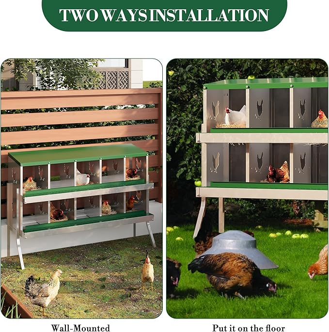 10 Hole Chicken Nesting Box with Roll Out Egg Tray, Rustproof & Ventilated Chicken Laying Boxes for Hens, Chickens, Ducks | Easy-Clean Poultry Coop Accessories, Green with Stand-PawvioPets