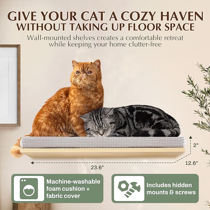 Extra Large 23.6”x12.6” CALLICO HAVEN- Stylish Cat Wall Shelves with Cushion, Modern Wall-Mounted Cat Tree Furniture, Window Cat Shelf & Perch, Sturdy/Hidden Mounts, Washable Cover - Flat Shape-PawvioPets