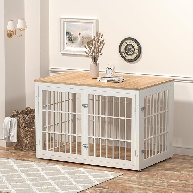 48 Inch Heavy Duty Dog Crate Furniture for Large Dogs, Decorative Pet House End Table, Extra Large Wooden Cage Kennel Furniture Indoor, Natural and White-PawvioPets
