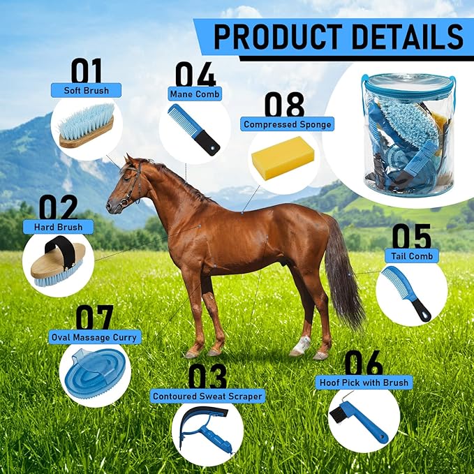 9 Pieces Horse Grooming Kit Tack Room Supplies Set with Organizer Tote Bag, Oval Massage Curry, Hard and Soft Brush, Hoof Pick, Sweat Scraper, Bathing Sponge, Combs for Horse Riders Beginners (Blue)-PawvioPets
