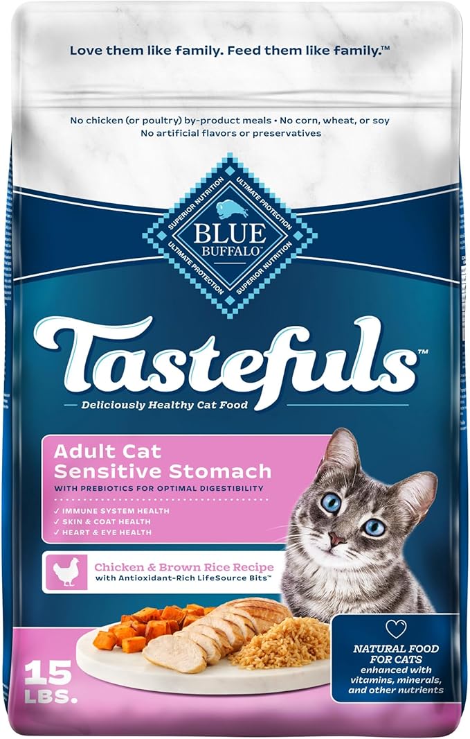 Blue Buffalo Tastefuls Natural Dry Food for Adult Cats, Sensitive Stomach, Chicken & Brown Rice Recipe, 15-lb Bag-PawvioPets