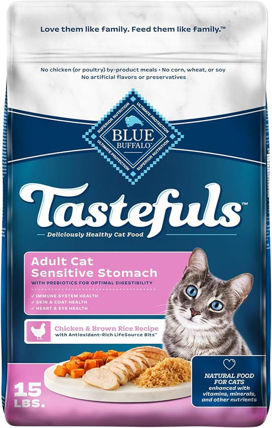 Blue Buffalo Tastefuls Natural Dry Food for Adult Cats, Sensitive Stomach, Chicken & Brown Rice Recipe, 15-lb Bag-PawvioPets