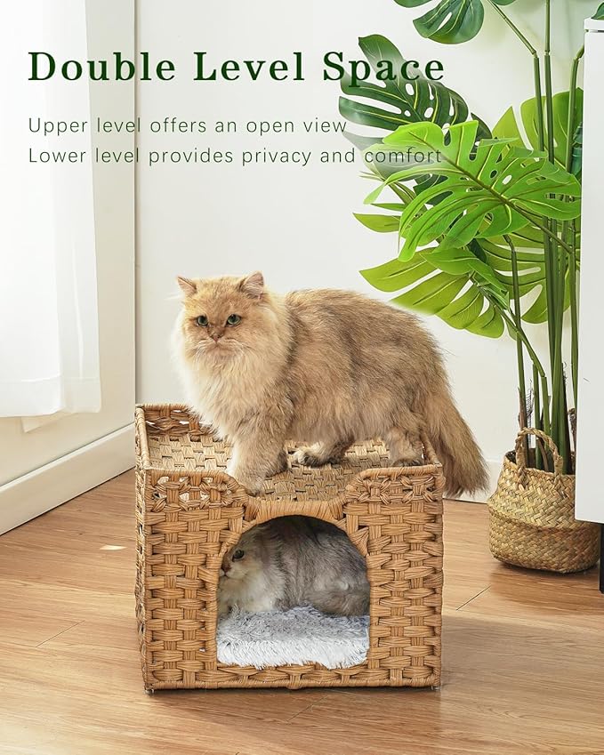 Cat Beds Indoor Kitten House, Handwoven Rattan Cat Cave Pet Cube, Large Cat Houses, One Bed Mat, Foldable, Hideaway, 16.5x16.5x13.2 Inches, 2 S-Shaped Hooks in Living Room Bedroom Natural-PawvioPets