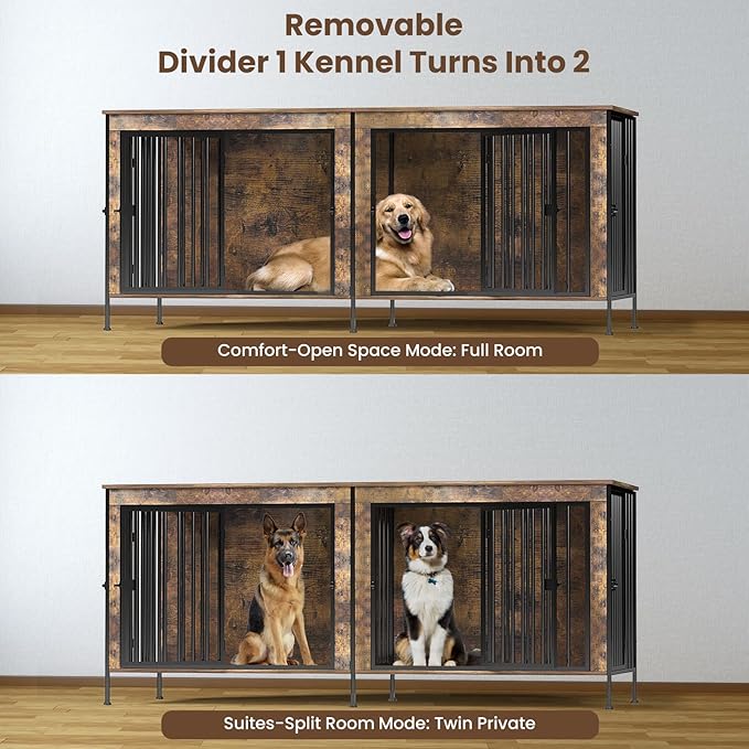 Dog Crate Furniture 78" for 2 Dogs Sturdy Heavy Duty Dog Kennel Solid Metal Tube Thick Wooden with 3 Lockable Doors XXL Double Dog Cage Large Breed as End Table for Large Dogs Rustic Brown-PawvioPets