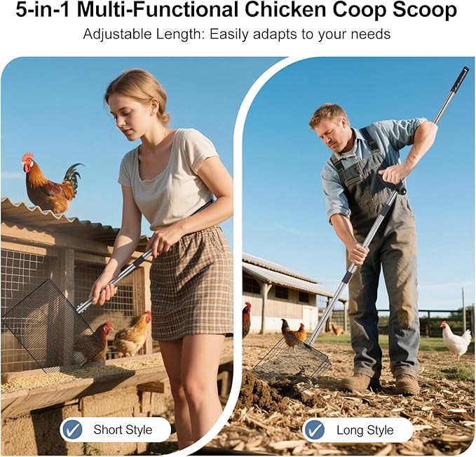 15" Widely Chicken Coop Poop Scooper- Ergonomic Chicken Poop Scooper with 38" to 77" Adjustable Long Handle, Extra-Large Scoop for Sand and Litter, Easy-to-Clean, Multi-Scene Use for Poultry-PawvioPets