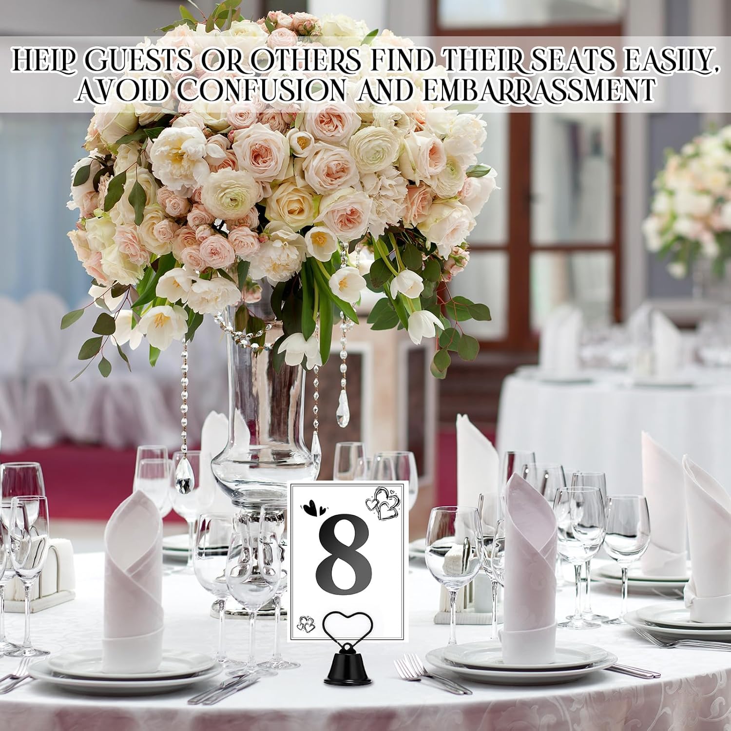 24 Pcs Table Number Holders Place Card Holders for Table 2 Inch Ring Clip Bell Number Holder Metal Picture Holder for Wedding Christmas Restaurant Home Photo Office Memo(Black,Heart)