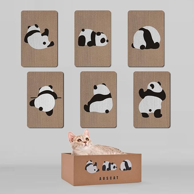 AUSCAT Cardboard Cat Wall Scratcher, 7 cat Scratching Boards with Box, Wall Mounted Cat Scratching Pads for Indoor Cats, Furniture Protector, 14.5" x 9.3", Panda Pattern-PawvioPets