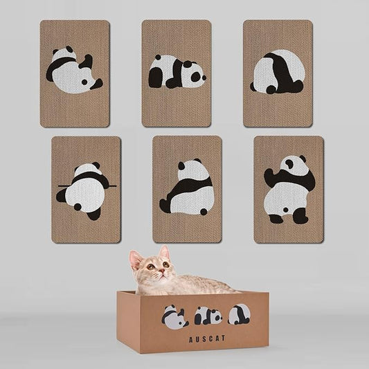AUSCAT Cardboard Cat Wall Scratcher, 7 cat Scratching Boards with Box, Wall Mounted Cat Scratching Pads for Indoor Cats, Furniture Protector, 14.5" x 9.3", Panda Pattern-PawvioPets