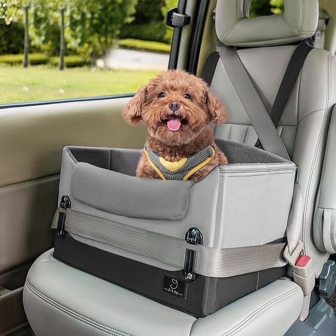 A4Pet Dog Car Seats for Small Dogs, Booster Car Seat with Patent Buckles & Clip-On Safety Leash, Pet Seat for Puppy Small Dogs Cats Under 25 Lbs, Grey-PawvioPets