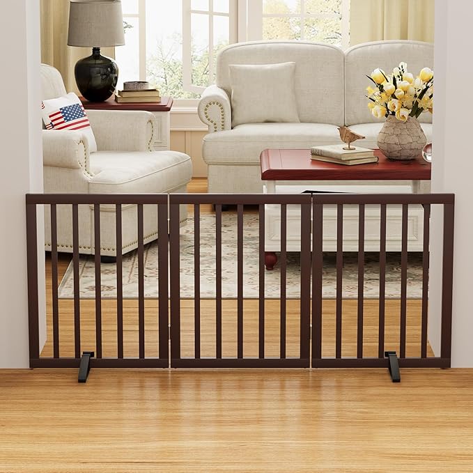 Brown 18-55" Wide Dog Gate, Bamboo Freestanding Pet Gates for Dogs, Puppy Fence-PawvioPets