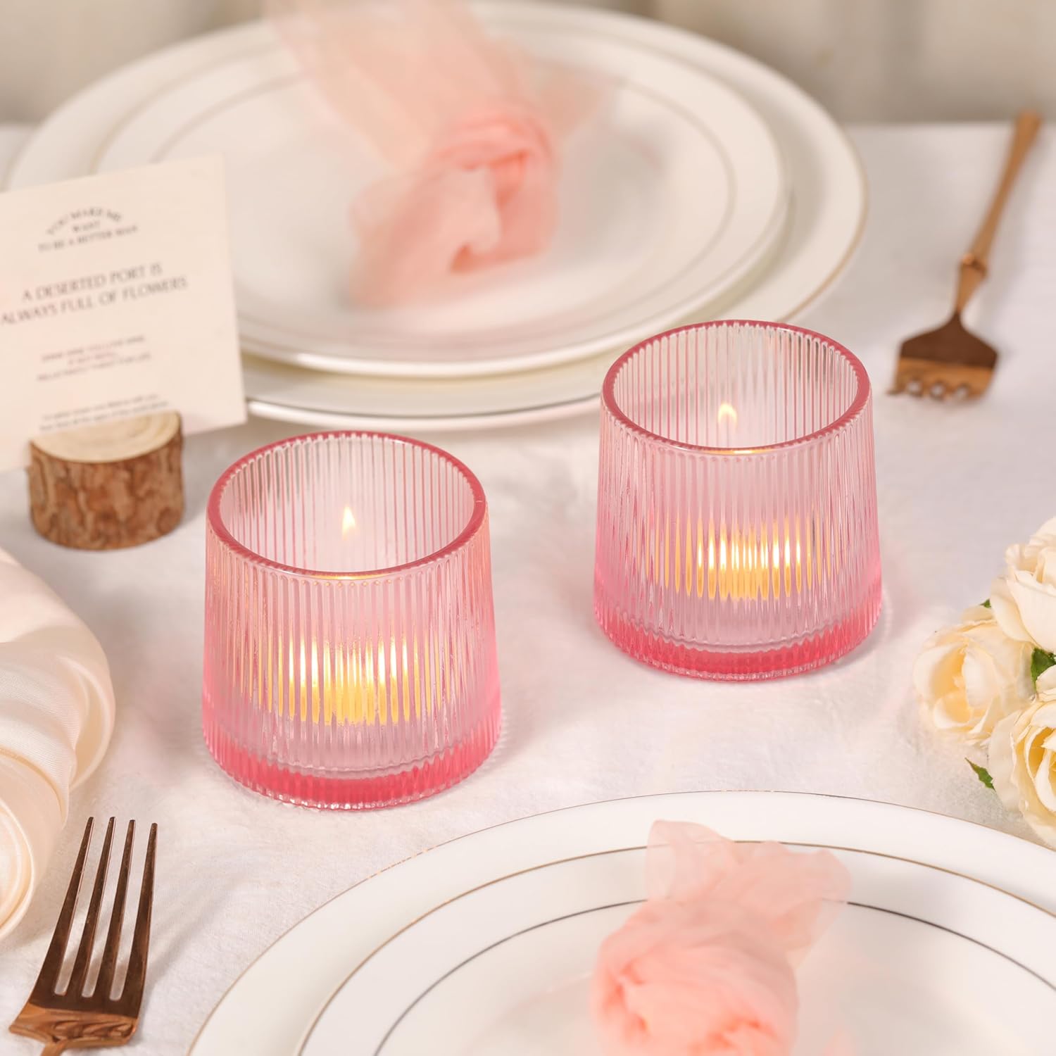 Pink Ribbed Tealight Votive Candle Holders- 6Pack Glass Candle Holders for Table Centerpiece, Home Decor, Wedding Decor, Party Dinner