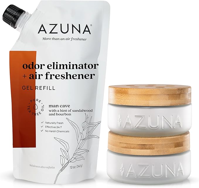 Azuna Air Freshener & Odor Eliminator for Strong Odor | 2 Room Kit Includes (2) Empty Luxe Glass Jar & 12oz Gel Refill with Tea Tree Essential Oil | Sandalwood Scent | Last 60-90 Days-PawvioPets