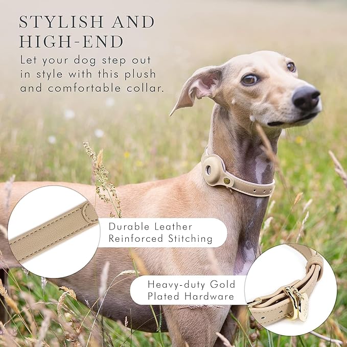 Cupertino Dog Collars, Harnesses & Leashes Made from Vegan Leather with Dog Tracker Device Holder Adjustable Dog Collar (Medium, Beige)-PawvioPets