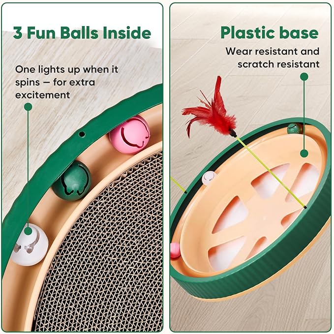20-Inch Round Cat Scratcher with Ball Track – 3-in-1 Cardboard Scratching Pad with Feather Toy & Non-Slip Base – Interactive Cat Toy for Indoor Cats, Kittens & Large Cats (Green)-PawvioPets