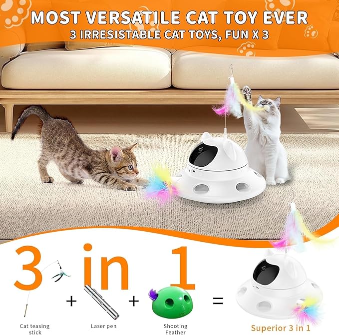 3-in-1 Cat Laser Toy & Interactive Automatic Motion-Activated Kitten Toy – 6 Holes Whack-A-Mole Feather & Moving Ambush Fun – USB Rechargeable, Apply to – Indoor Exercise for Cats of All Breeds-PawvioPets