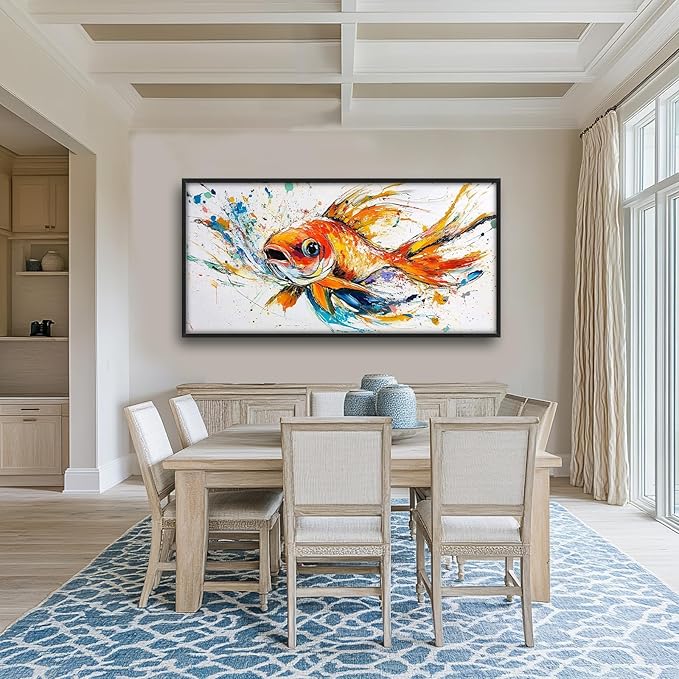 Framed Large Fish Wall Art for Living Room, Oversized Graffiti Goldfish Wall Decor Watercolor Fishing Canvas Painting Modern Artwork Home Decoration for Living Room Bedroom Office 60"x30"-PawvioPets