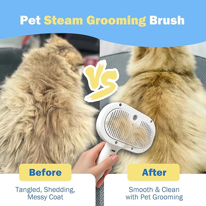 4-in-1 Pet Grooming Steam Brush for Cats & Dogs – Steam Spray, Blue Light, Hair Removal, Self-Cleaning Comb – Includes Pet Waterless Shampoo-PawvioPets