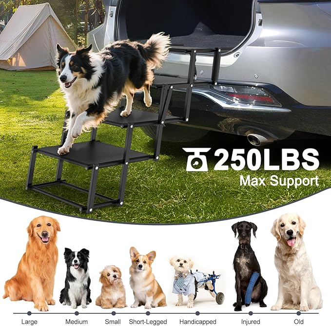 Extra Wide Dog Stairs for Large Dogs, Foldable Dog Ramp for Car with Non-Slip Surface, Lightweight Dog Stairs for Cars, Dog Steps for Cars, SUV, High Beds, Truck, Supports up to 250 lbs, 4 Steps-PawvioPets