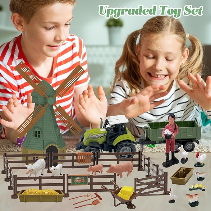 82PCS Farm Animals Toys Set Comes with Tractor Trailer, Windmill, Farmer, Fence - Playset for Kids Toddlers Boys Girls 5+ Years Old-PawvioPets
