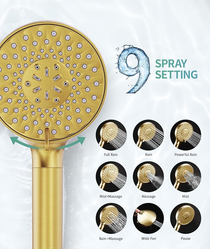 Filtered Shower Head with Handheld, High Pressure 9 Spray Mode Brushed Gold Showerhead with 4 Filters, Detachable Shower Head, Water Softener Filters Beads for Hard Water - Remove Chlorine-PawvioPets