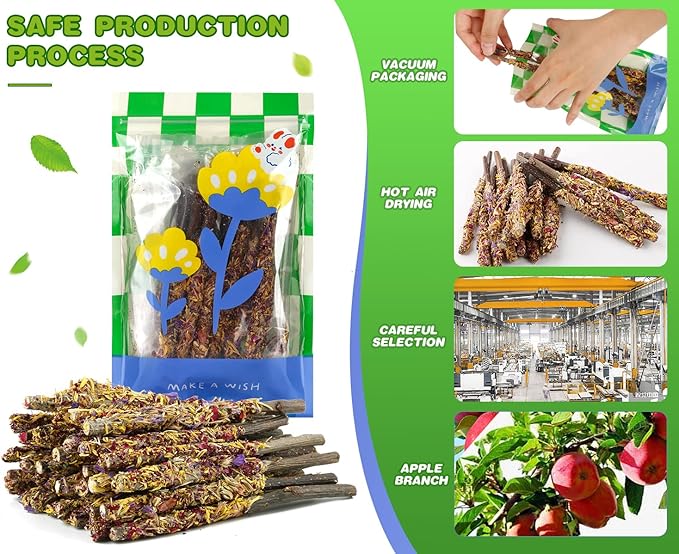 Abizoo Bunny Chew Toys for Rabbits,18PCS Natural Apple Wood Sticks with Petals Good for Chinchillas Guinea Pig Hamster Teeth Care, Bunny Small Pet Treats Teething Toys| Natural Organic Safe-PawvioPets