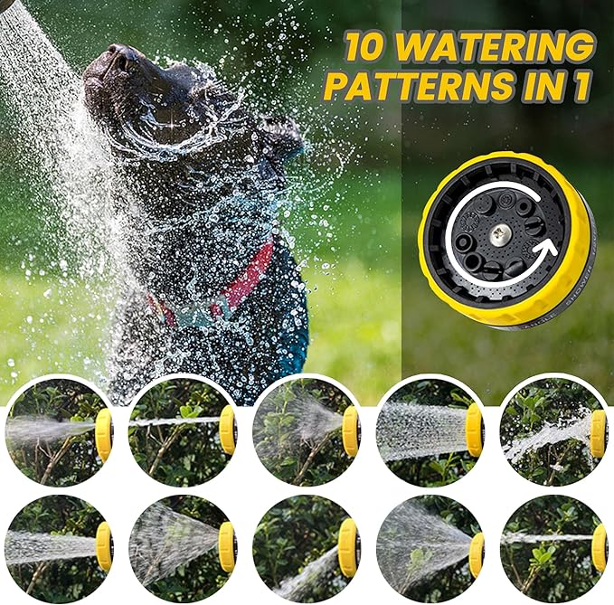 Dog Wash Hose Attachment, 10-in-1 Spray Mode Pet Shower Soap Sprayer with Grooming Comb Rubber Brush, Hose Nozzle with 100cc Soap Dispenser, for Watering, Car Wash, Dog and Horse Showering (Yellow)-PawvioPets