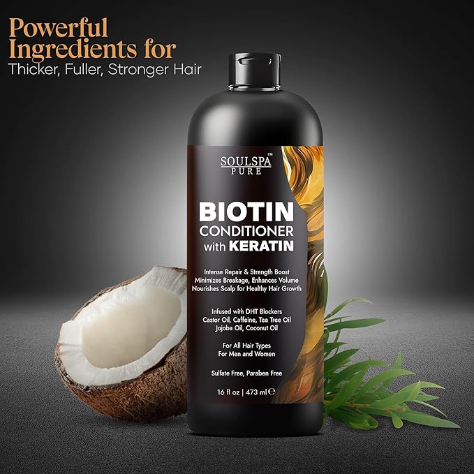 Biotin Conditioner with Keratin - Intense Repair & Strength Boost Formula - Nourishes Scalp for Healthy Hair Growth, with Tea Tree Oil & DHT Blockers, for Men & Women, 16 fl oz - SOULSPA PURE-PawvioPets
