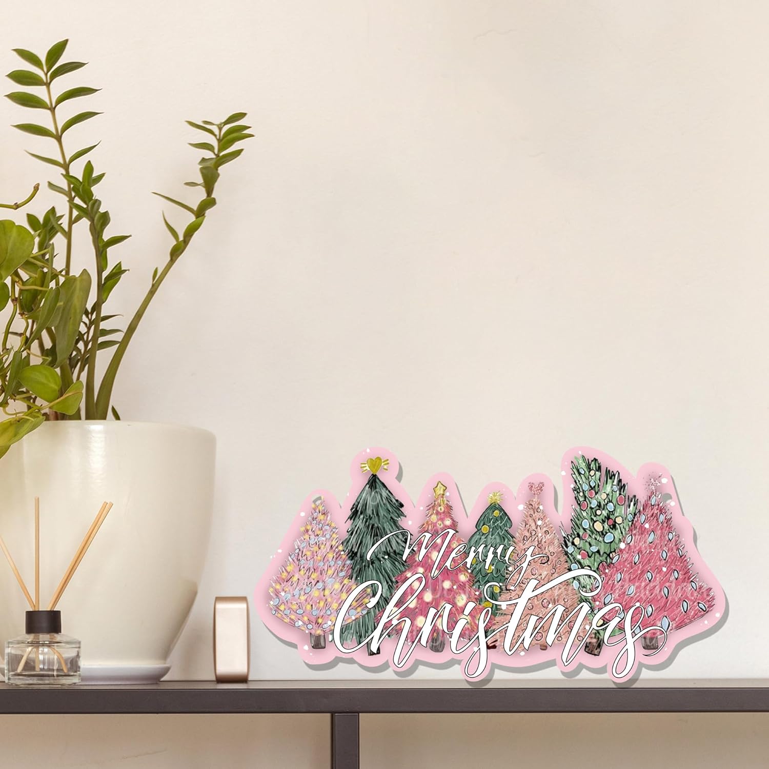 CGBHW Pink and Green Christmas Tree Wooden Sign, Merry Christmas Decoration Hanging Sign Wall Decor, Pink Christmas Holidays Theme for Home Office Girls College Dorm Door Decor 12 x 6 Inch