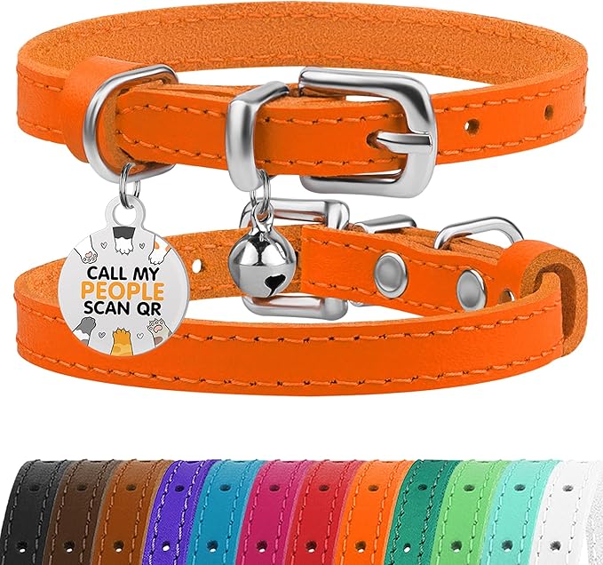 BRONZEDOG Leather Cat Collar with Removable Bells Non Breakaway Kitten QR Tag for Girl Boy (9" - 12" Cats/Mini Dogs, Orange & Silver)-PawvioPets