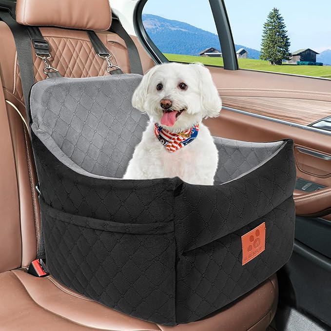 Dog Car Seat for Small/Medium Dogs, Dog Booster Car Seats with Thick Cushion for Dogs Under 35lbs, Detachable Washable Pet Car Seat with Storage Pockets, 2 Safety Belts(Black/Grey)-PawvioPets