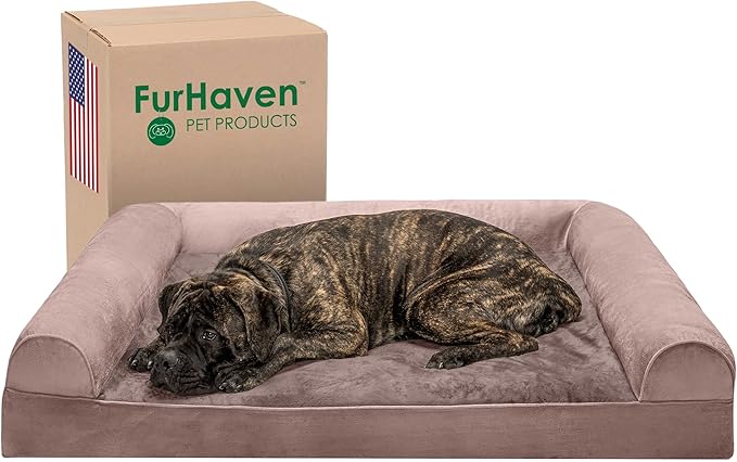 Furhaven Orthopedic Dog Bed for Large Dogs w/ Removable Bolsters & Washable Cover, For Dogs Up to 125 lbs - Faux Fur & Velvet Sofa - Driftwood Brown, Jumbo Plus/XXL-PawvioPets