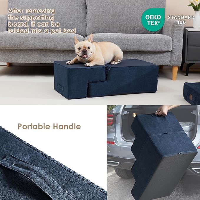 EHEYCIGA Dog Stairs for Bed 18" H, 4-Step Dog Steps for High Bed, Pet Steps for Small Dogs and Cats, Non-Slip Balanced Pet Ramp Indoor, Navy Blue-PawvioPets