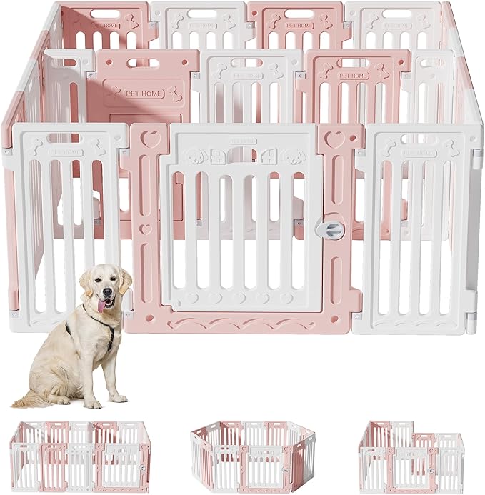 2 Room Dog Playpen with Door,DIY Shape Combination Puppy Pen,16-Panel+2 Link Piece+Large Door+Small Door,25.5" H Dog Fence,Non-Slip&Secure Pet Gate,Easy to Assemble,Pink + White-PawvioPets