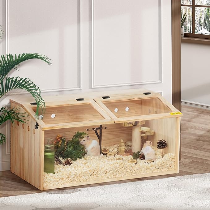 COZIWOW Wooden Hamster Cage, Large Hamster Habitats Enclosure with Acrylic Window & Openable Top, (32" L x 16" W x 16" H) Small Animal Cage for Guinea Pig, Chinchilla, Gerbil-PawvioPets