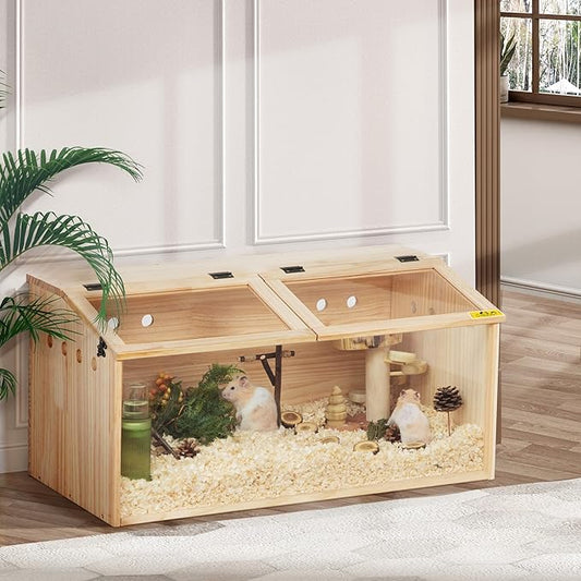COZIWOW Wooden Hamster Cage, Large Hamster Habitats Enclosure with Acrylic Window & Openable Top, (32" L x 16" W x 16" H) Small Animal Cage for Guinea Pig, Chinchilla, Gerbil-PawvioPets