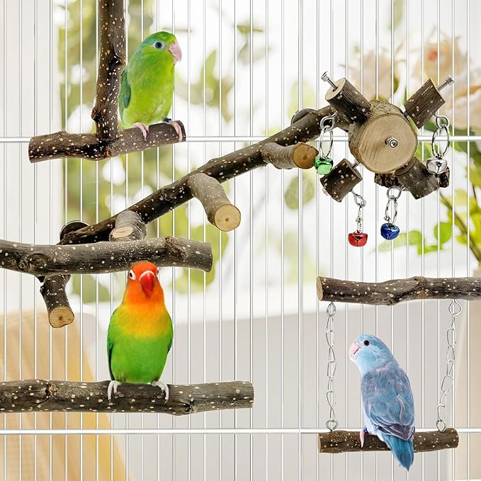 BNOSDM Natural Wood Bird Ladder Perch 6Pcs Parrot Stand Branches Climbing Chewing Stick Parakeet Swing Toys Cage Accessories Paw Grinding Fork Sets for Lovebirds Cockatiels Conure Budgies-PawvioPets