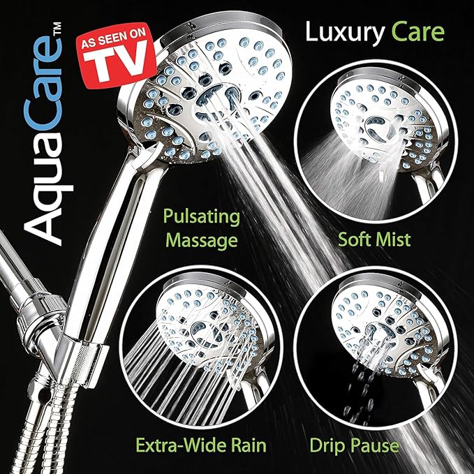 AquaCare High Pressure 8-mode Handheld Shower Head - Anti-clog Nozzles, Built-in Power Wash to Clean Tub, Tile & Pets, Extra Long 6 ft. Stainless Steel Hose, Wall & Overhead Brackets-PawvioPets