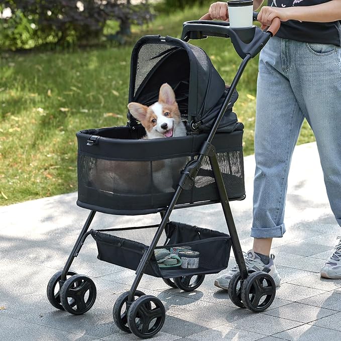 3 in 1 Pet Stroller with Removable Carrier, Folding Stroller for Small/Medium Dogs and Cats, Waterproof, All-Terrain, with Sun Shades, Car Seat-PawvioPets