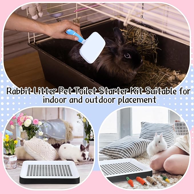 19 Pcs Rabbit Starter Kit Small Bunny Litter Box Rabbit Grooming Kit Water Bottle Bunny Toys Hay Feeder Bowl Blankets with Cleaning Set for Guinea Pig Accessories(Black,Cloud)-PawvioPets