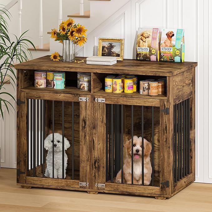 Furniture Dog Crate for 2 Dogs, 41 Inch Dog Kennel Furniture with Removable Divider and Shelf Storage, Wooden Dog Crate for Small/Medium Dogs, Rustic Brown-PawvioPets